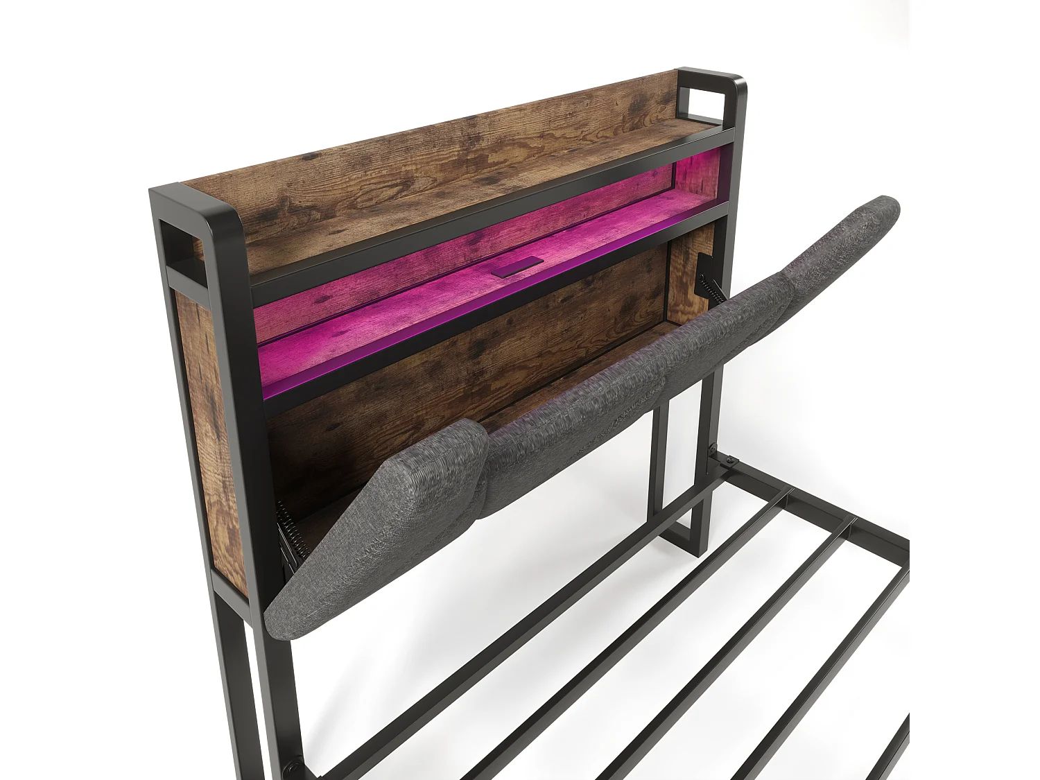 Lit adulte 90x200 cm avec tête de lit de rangement, prises USB et USB C, éclairage LED, tiroir en lin gris (Avec matelas)