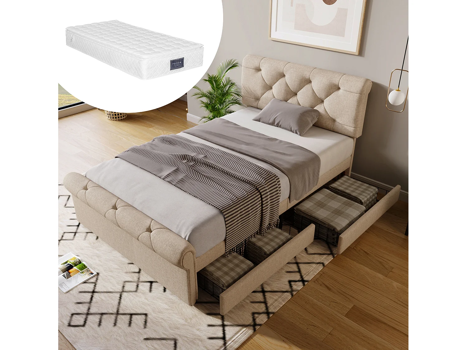 Lit enfant 98×225cm avec tête de lit réglable cadre en bois 2 tiroirs espace de rangement - beige - (Avec matelas)