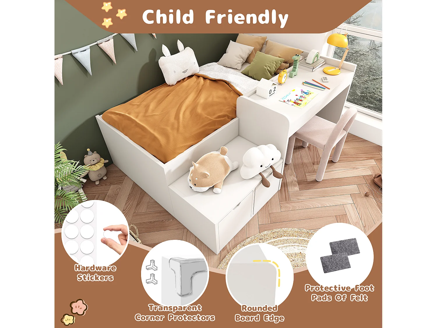 Kinderbed 205x137x82,5 cm met bureau en lades, opbergruimte, antislipmat in wit voor kinderen