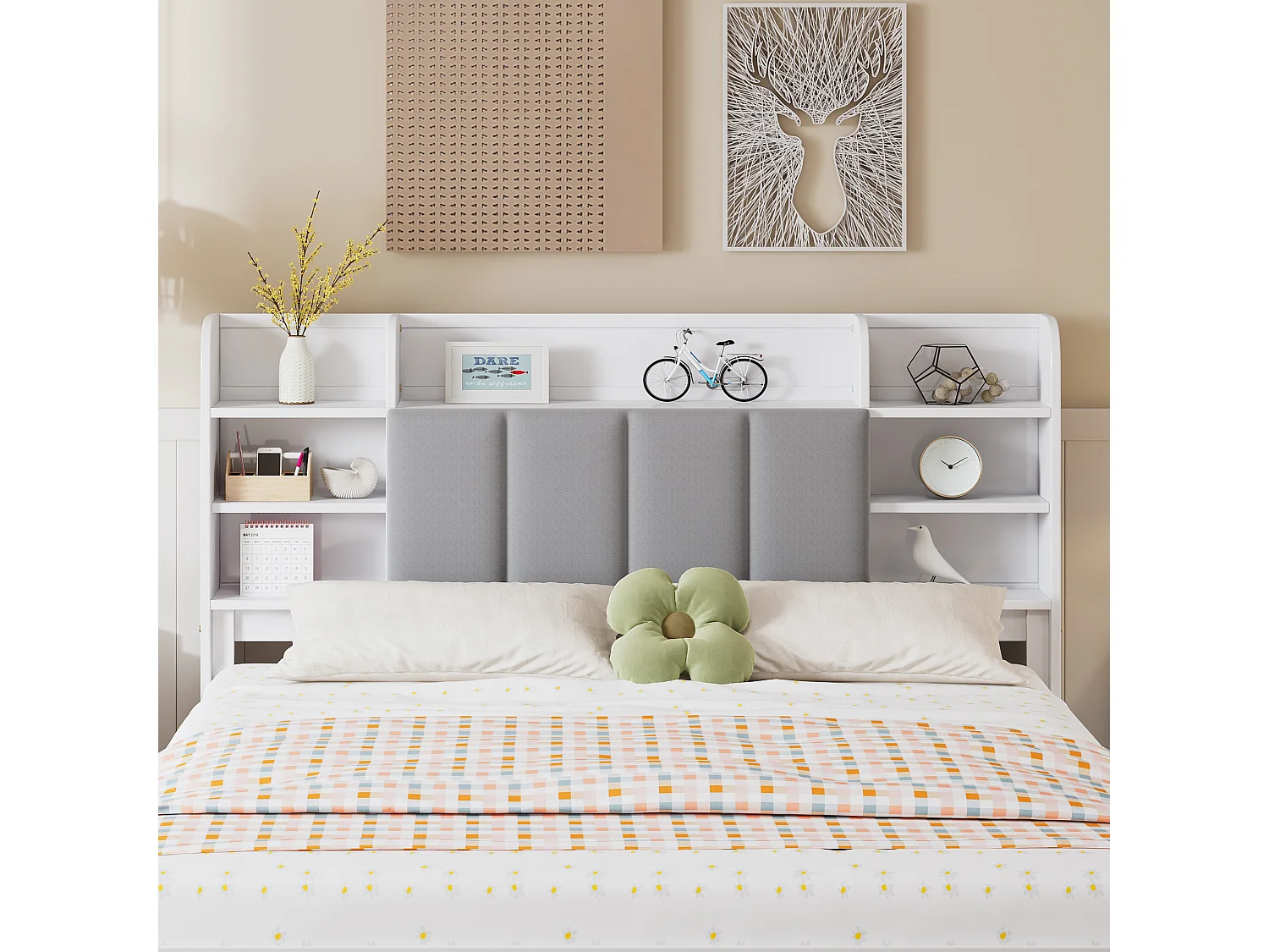 Lit double 225x167.5x120 cm avec trois tiroirs à roulettes et des étagères ouvertes Compartiments de rangement en blanc pour adultes et adolescents