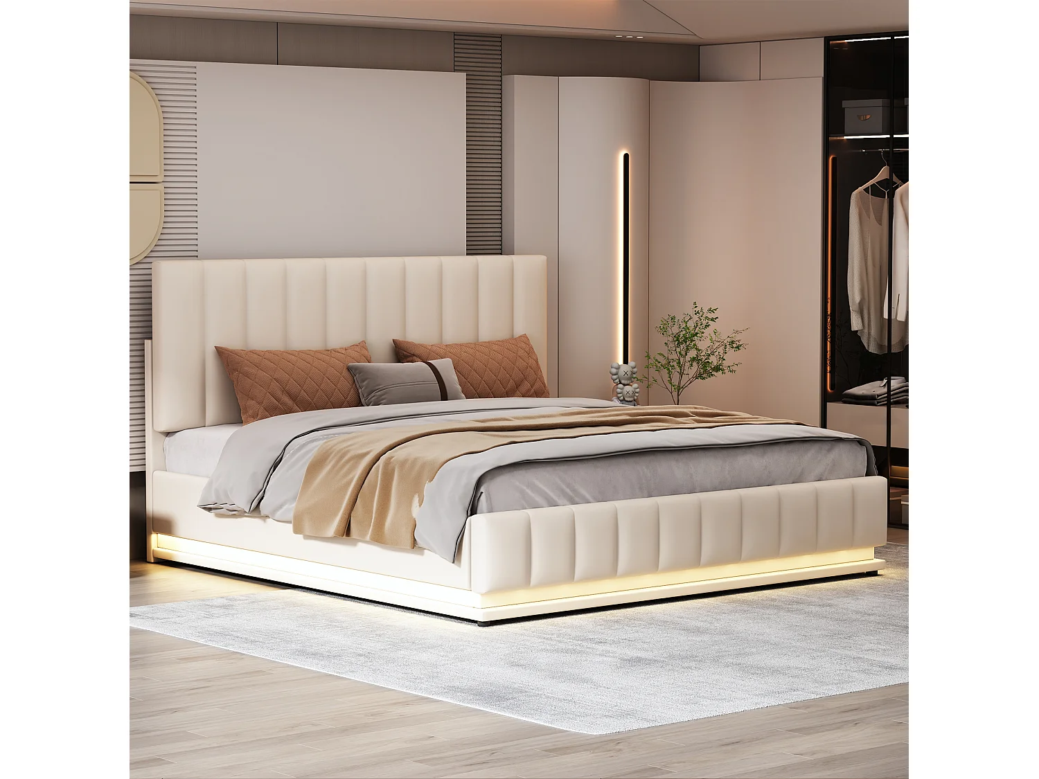 Tweepersoonsbed 202,5x162x101 cm met ledverlichting, verstelbaar gestoffeerd hoofdbord en opbergruimte in de kleur wit, geschikt voor volwassenen en tieners.