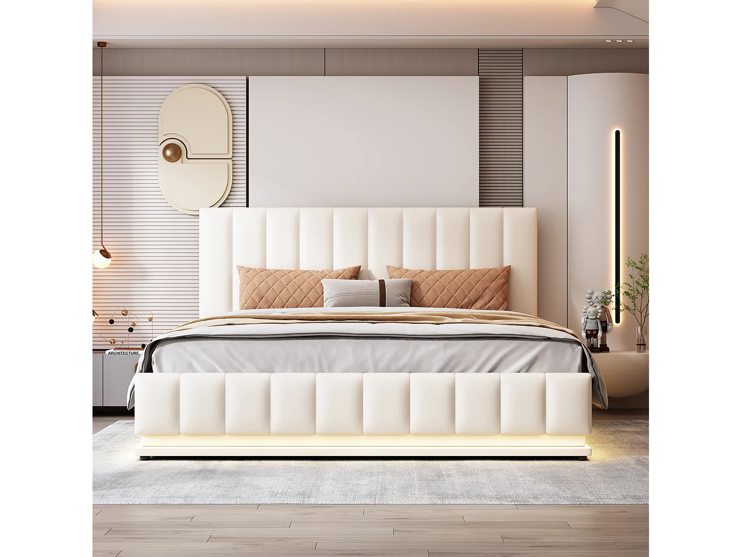 Tweepersoonsbed 202,5x162x101 cm met ledverlichting, verstelbaar gestoffeerd hoofdbord en opbergruimte in de kleur wit, geschikt voor volwassenen en tieners.