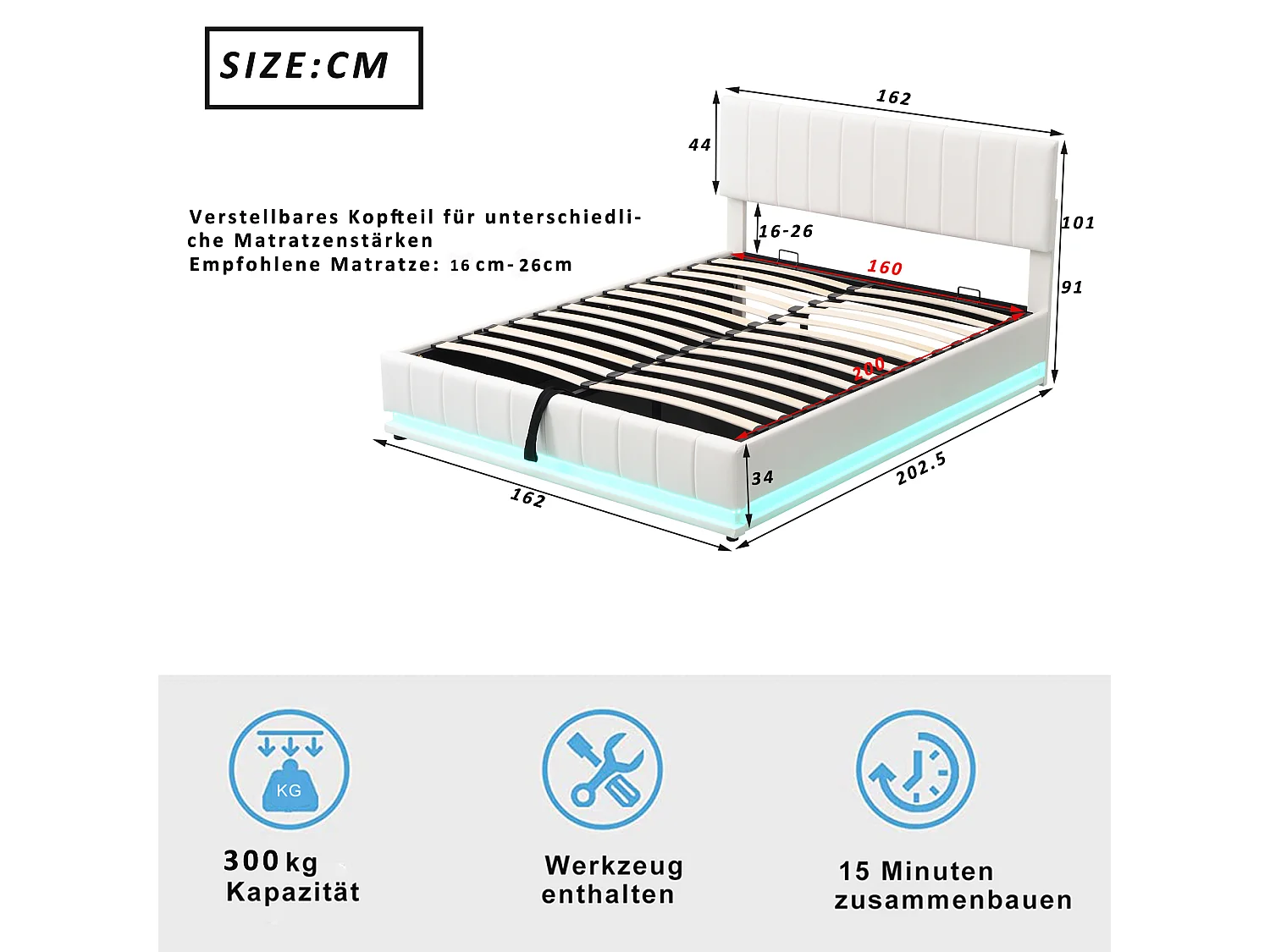 Lit double 202.5x162x101 cm avec LED Tête de lit capitonnée réglable Espace de rangement en blanc pour adultes et adolescents