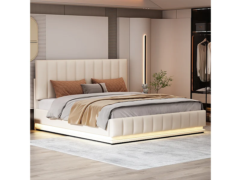 Lit double 202.5x162x101 cm avec LED Tête de lit capitonnée réglable Espace de rangement en blanc pour adultes et adolescents