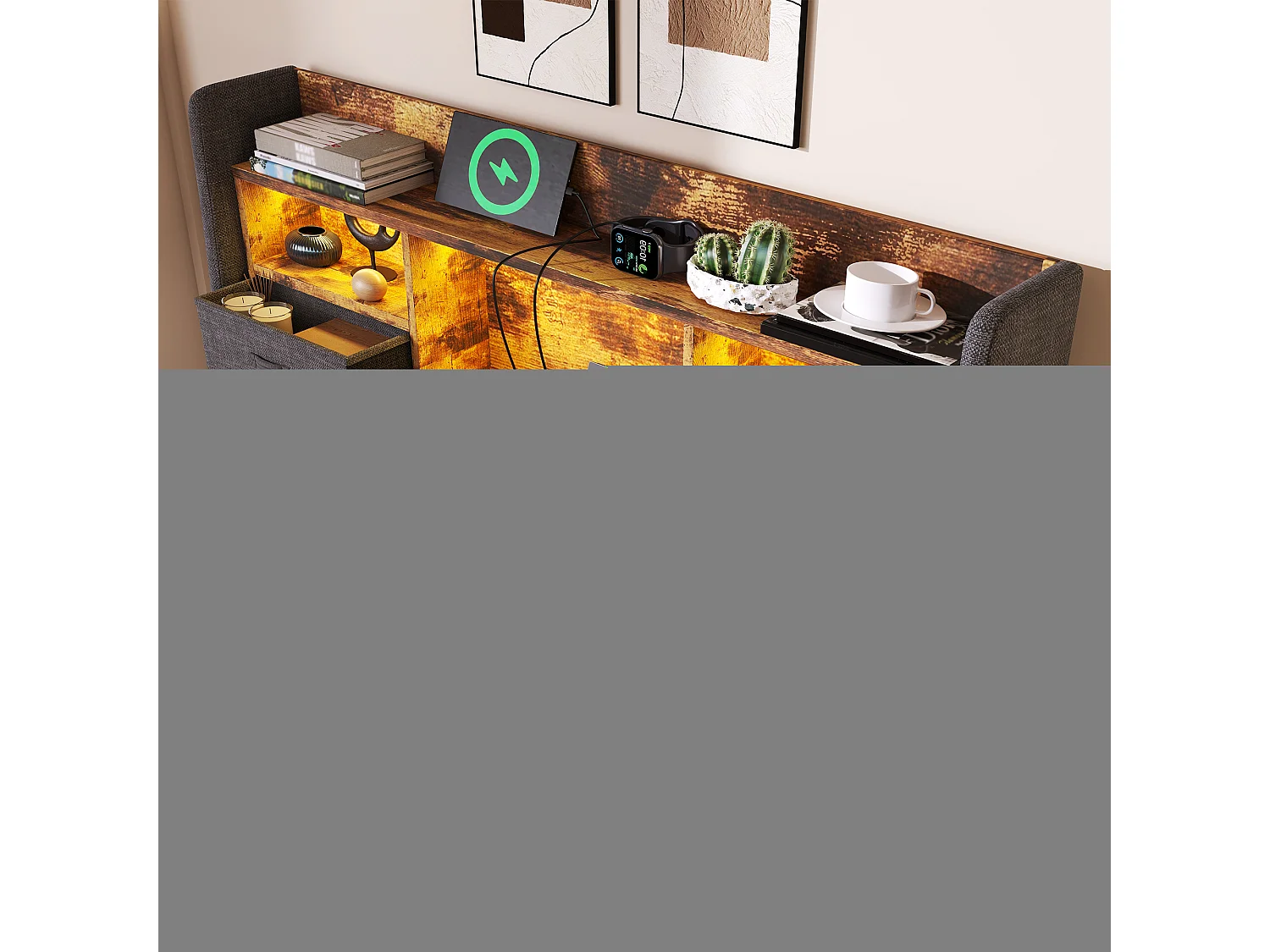 Lit enfant 221x103.5x116 cm avec LED USB Rangement Matelas en gris pour enfants et adolescents