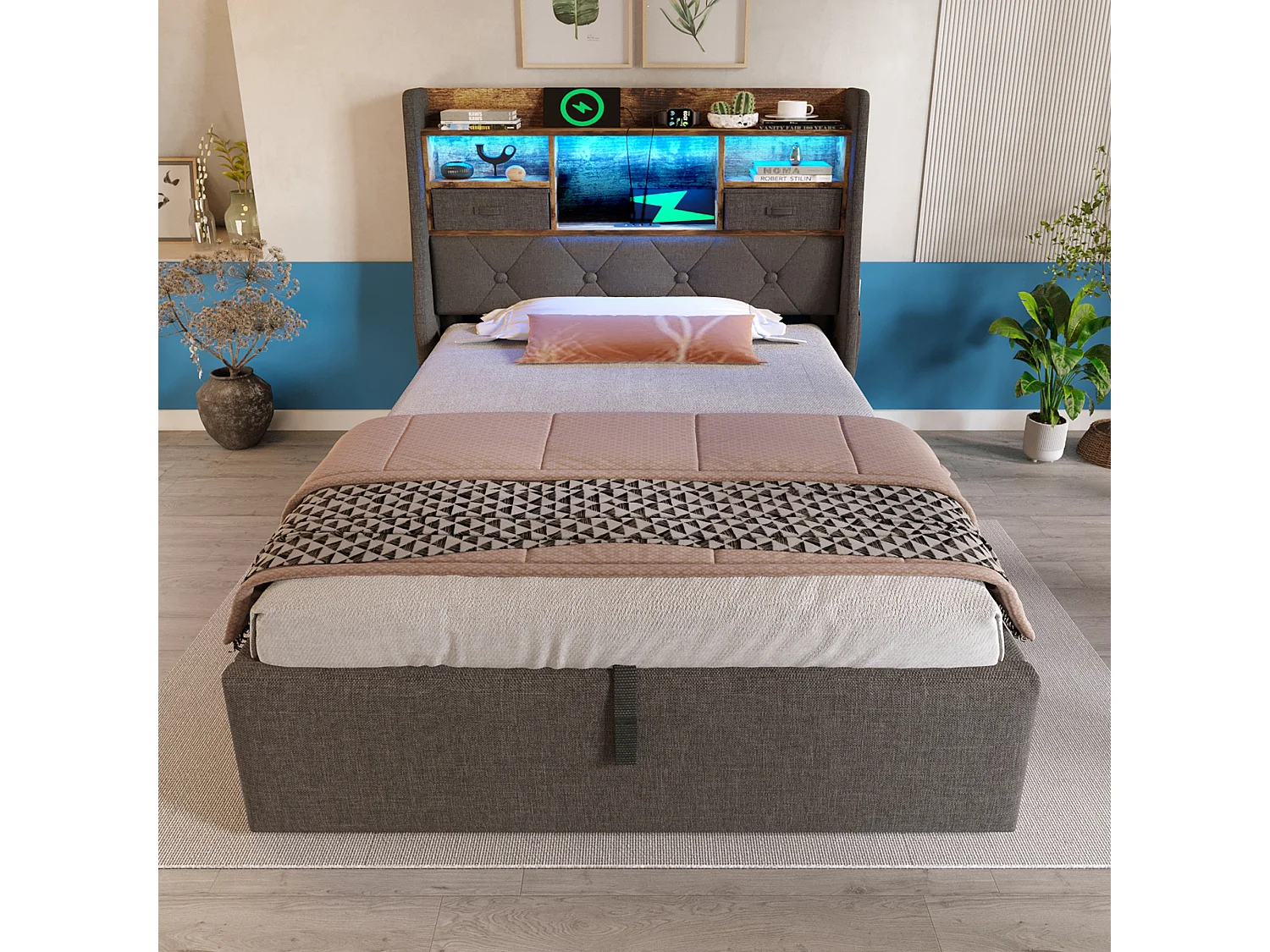 Lit enfant 221x103.5x116 cm avec LED USB Rangement Matelas en gris pour enfants et adolescents