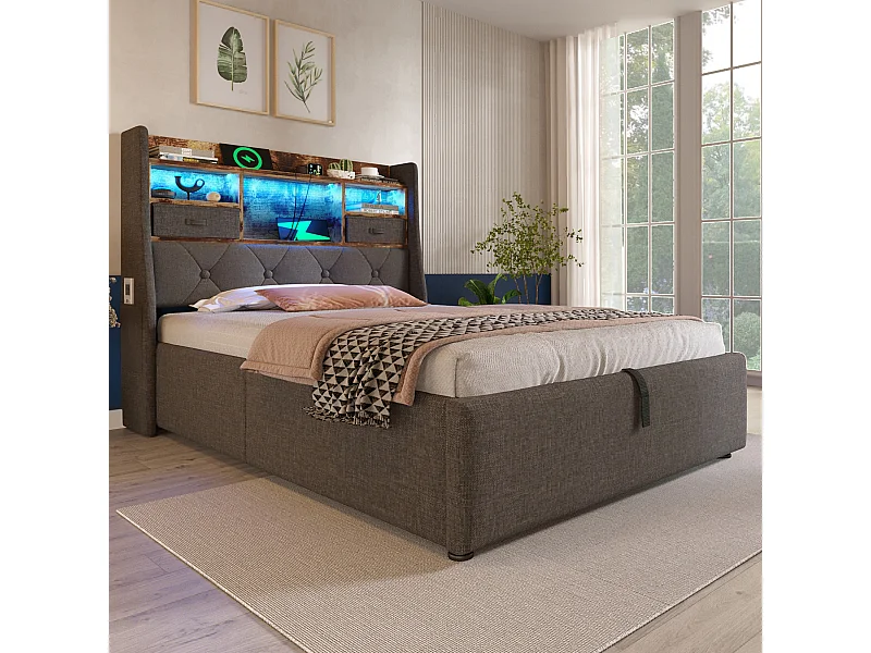 Kinderbed 221x103,5x116 cm met LED, USB, opbergruimte en grijs matras voor kinderen en tieners