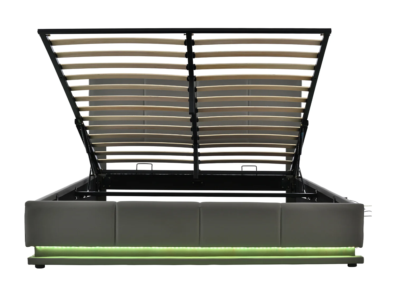 Lit Coffre 202.5x162x101 cm avec LED Tête de lit rembourrée réglable en hauteur Espace de rangement en gris pour adultes et adolescents