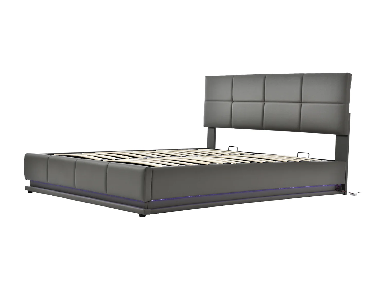 Lit Coffre 202.5x162x101 cm avec LED Tête de lit rembourrée réglable en hauteur Espace de rangement en gris pour adultes et adolescents