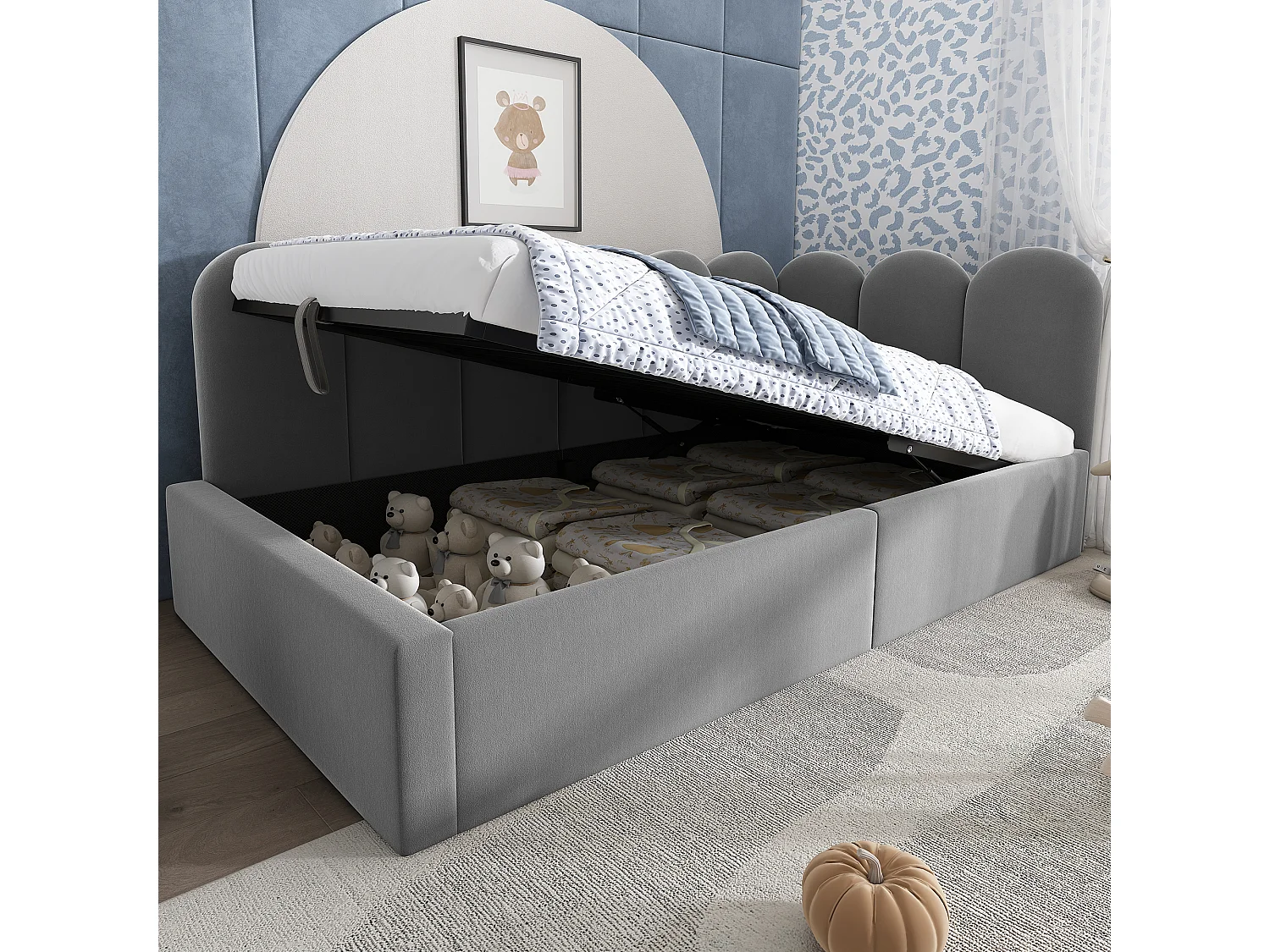 Lit enfant 210x97x76 cm avec Espace de rangement Sommier à lattes Revêtement velours en gris pour enfants et adolescents