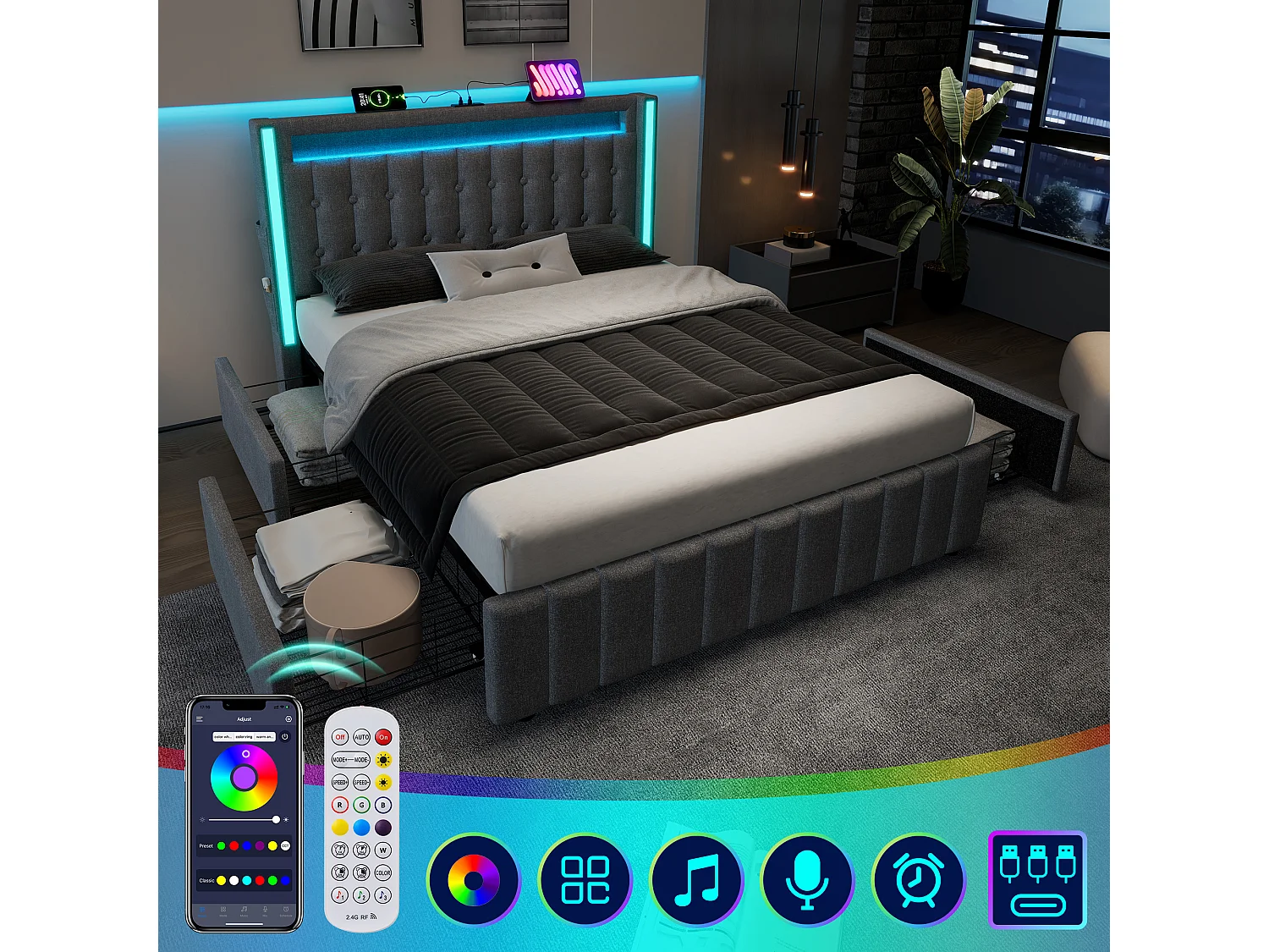 Lit double 209x169x104 cm avec Matelas USB quatre tiroirs Cadre de lit à lattes en bois gris pour adultes et adolescents