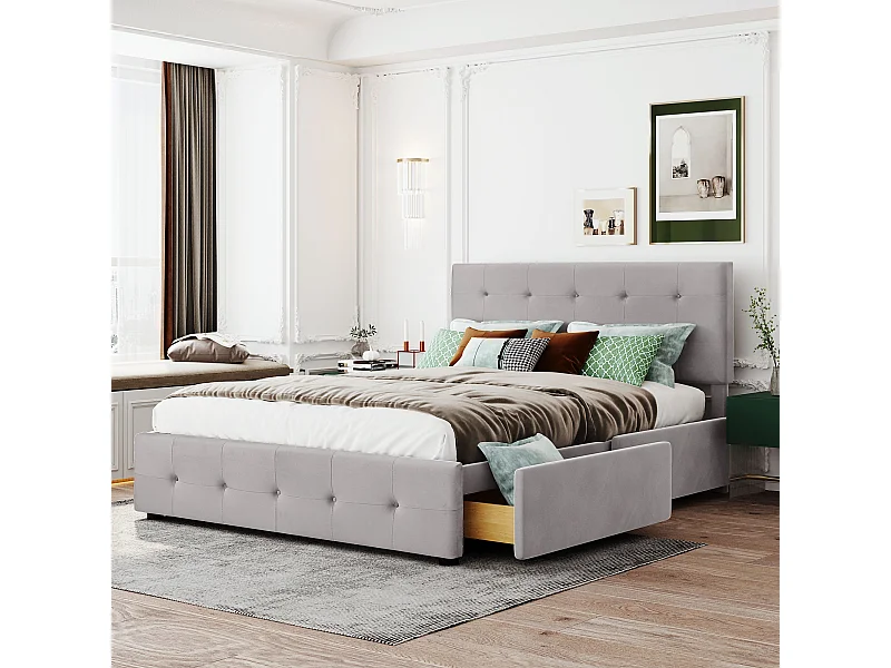 Lit double 210x146x106 cm avec sommier à lattes et tête de lit et grands tiroirs Revêtement velours en gris pour adultes et adolescents