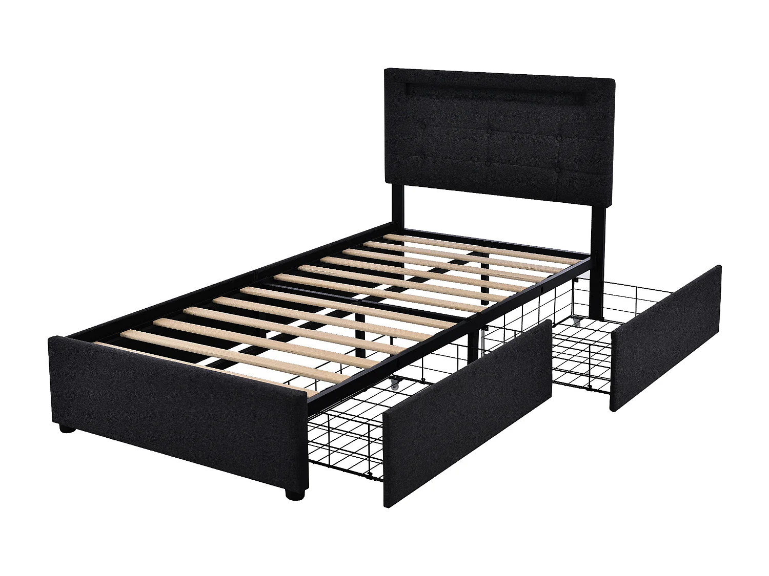 Lit enfant 100.5×208cm avec LED 2 tiroirs tête de lit réglable - noir - (Avec matelas)