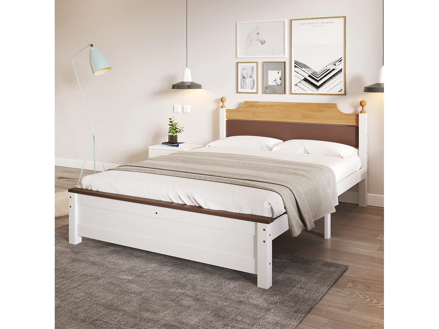 Lit double 210x147.5x82.5 cm avec tête de lit et sommier à lattes Couleur naturelle et blanc pour enfants et adolescents et adultes