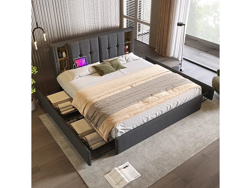 Lit double 213x165x103 cm avec Matelas USB quatre tiroirs Cadre de lit à lattes en bois gris pour adultes et adolescents