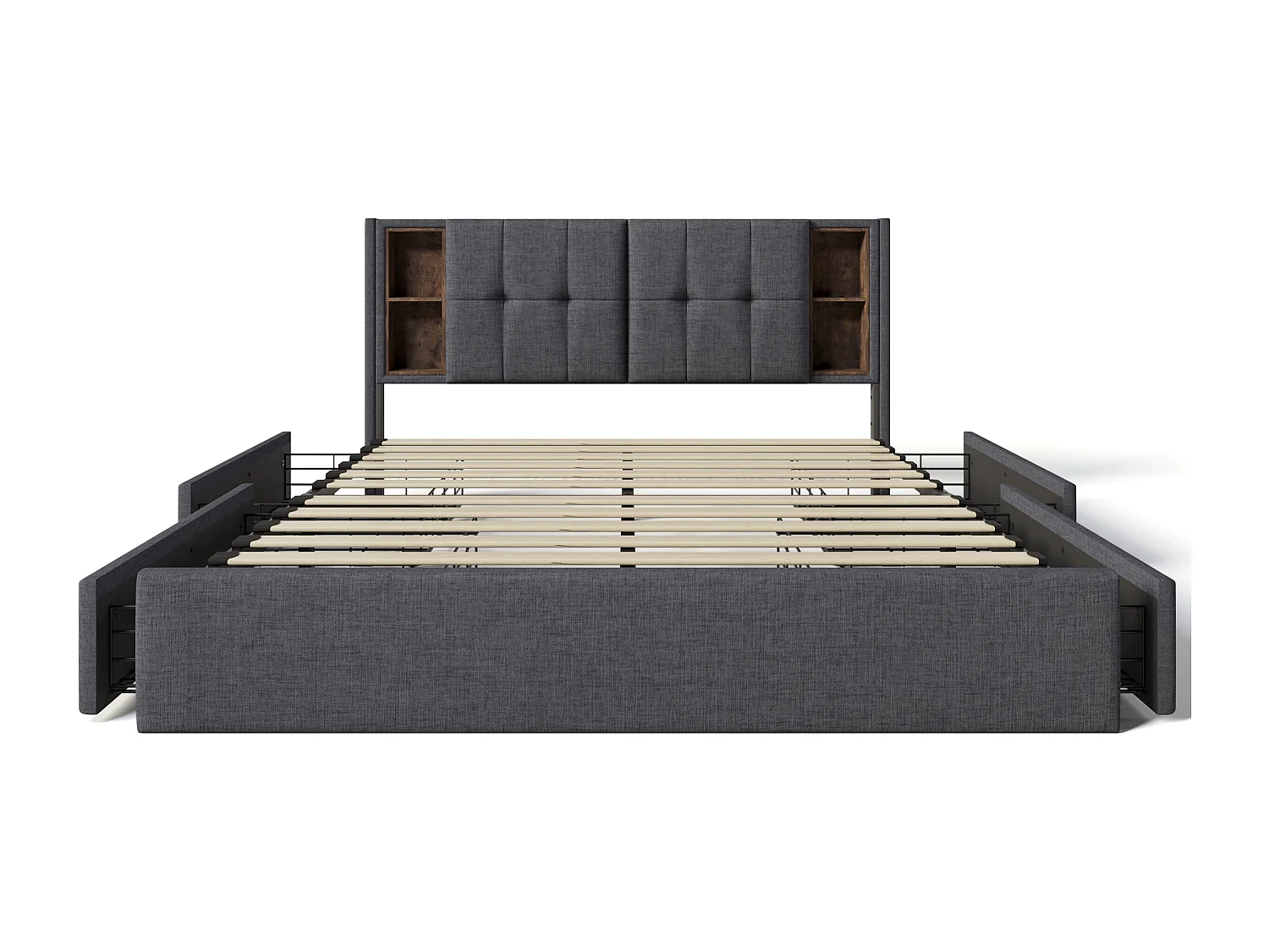 Lit double 213x165x103 cm avec Matelas USB quatre tiroirs Cadre de lit à lattes en bois gris pour adultes et adolescents