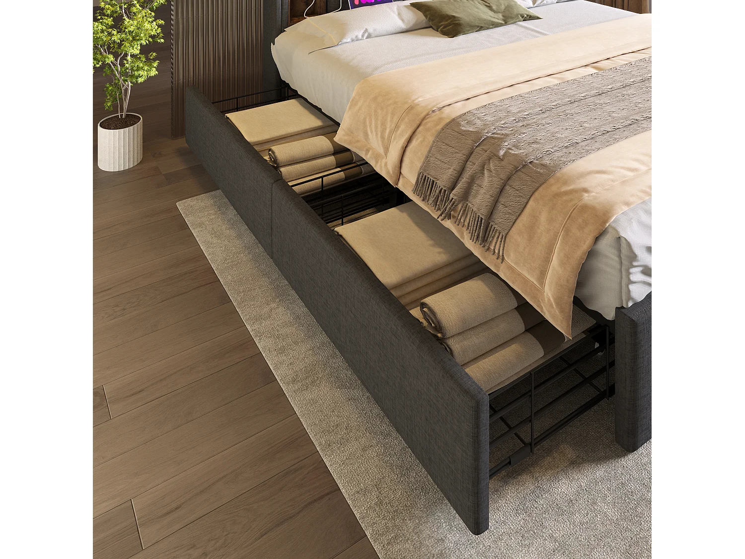 Lit double 213x165x103 cm avec Matelas USB quatre tiroirs Cadre de lit à lattes en bois gris pour adultes et adolescents