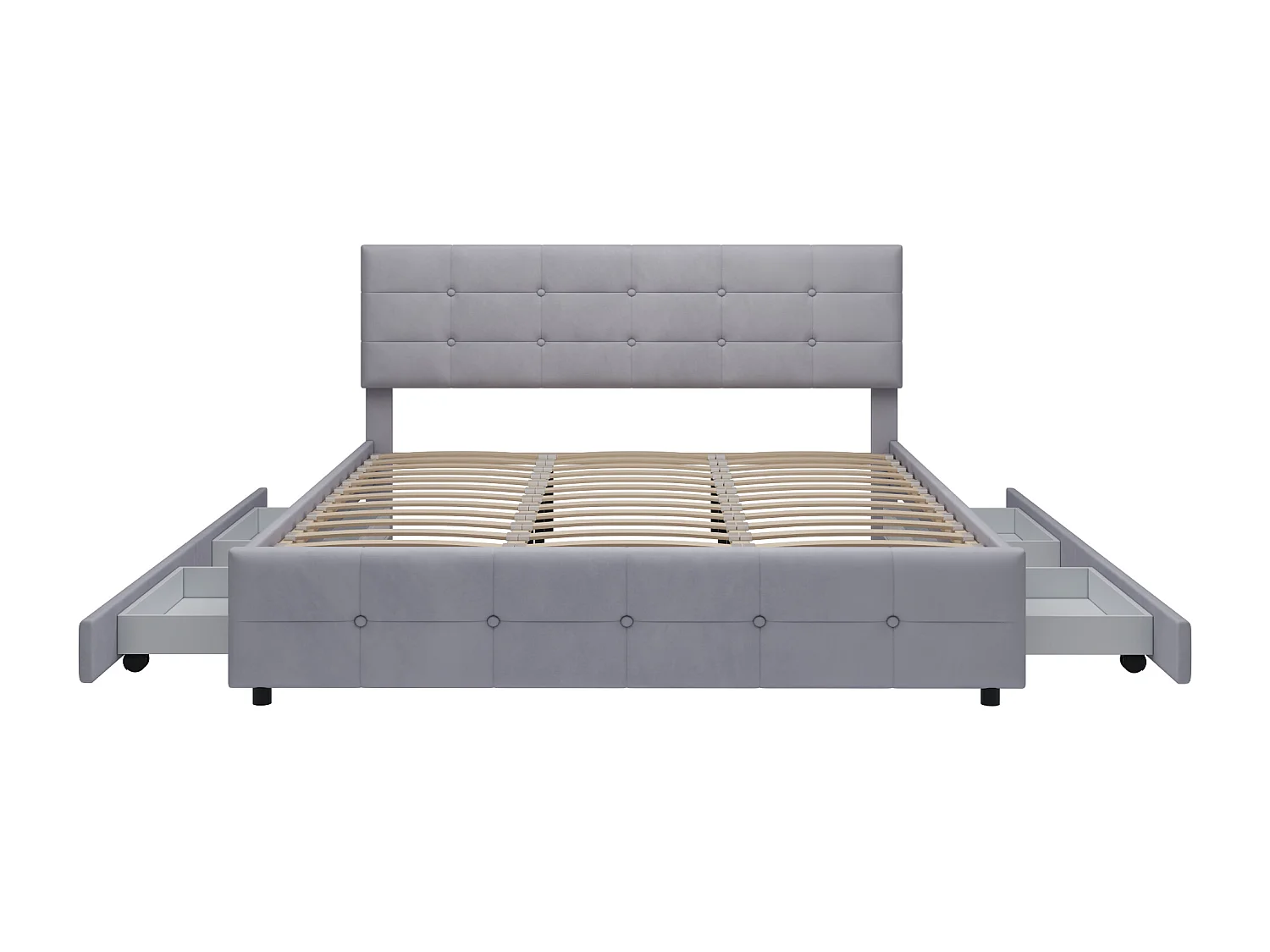 Lit double 203x183.5x97.5 cm avec quatre tiroirs Cadre de lit à lattes Revêtement en velours en gris pour adulte et adolescent