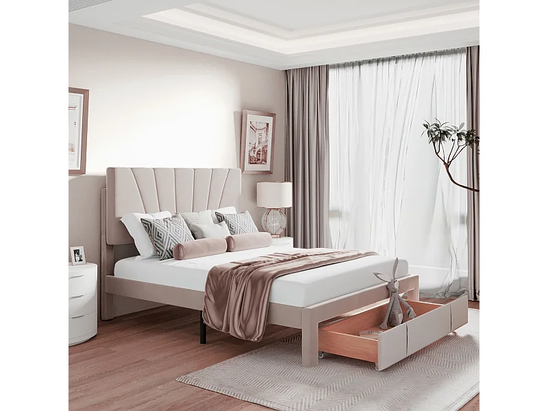 Lit double 208x145x106 cm avec sommier à lattes et tête de lit et grands tiroirs Revêtement velours en beige pour adultes et adolescents