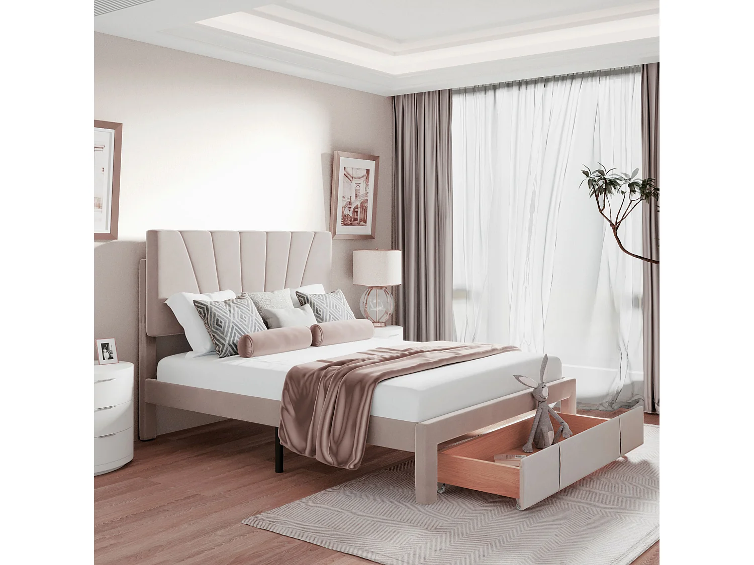 Lit double 208x145x106 cm avec sommier à lattes et tête de lit et grands tiroirs Revêtement velours en beige pour adultes et adolescents