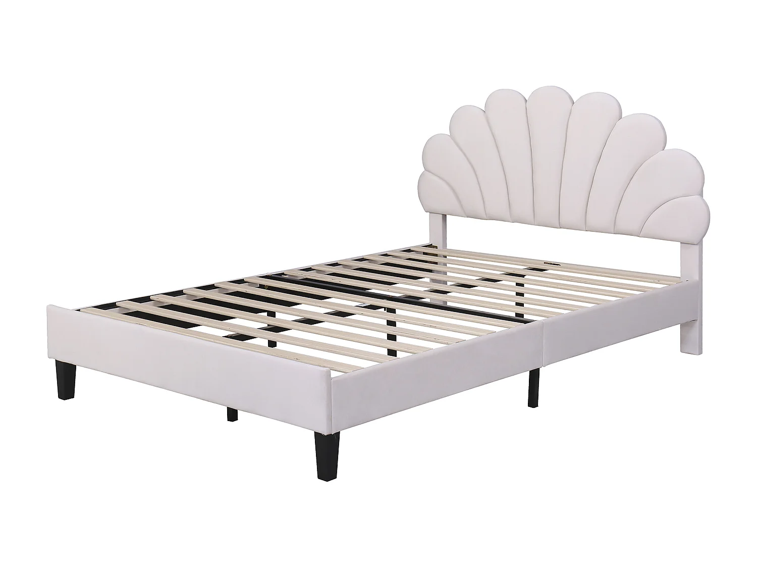 Lit double 206x150x110.5 cm avec Tête de lit à motifs floraux et sommier à lattes Revêtement velours beige pour adultes et adolescents
