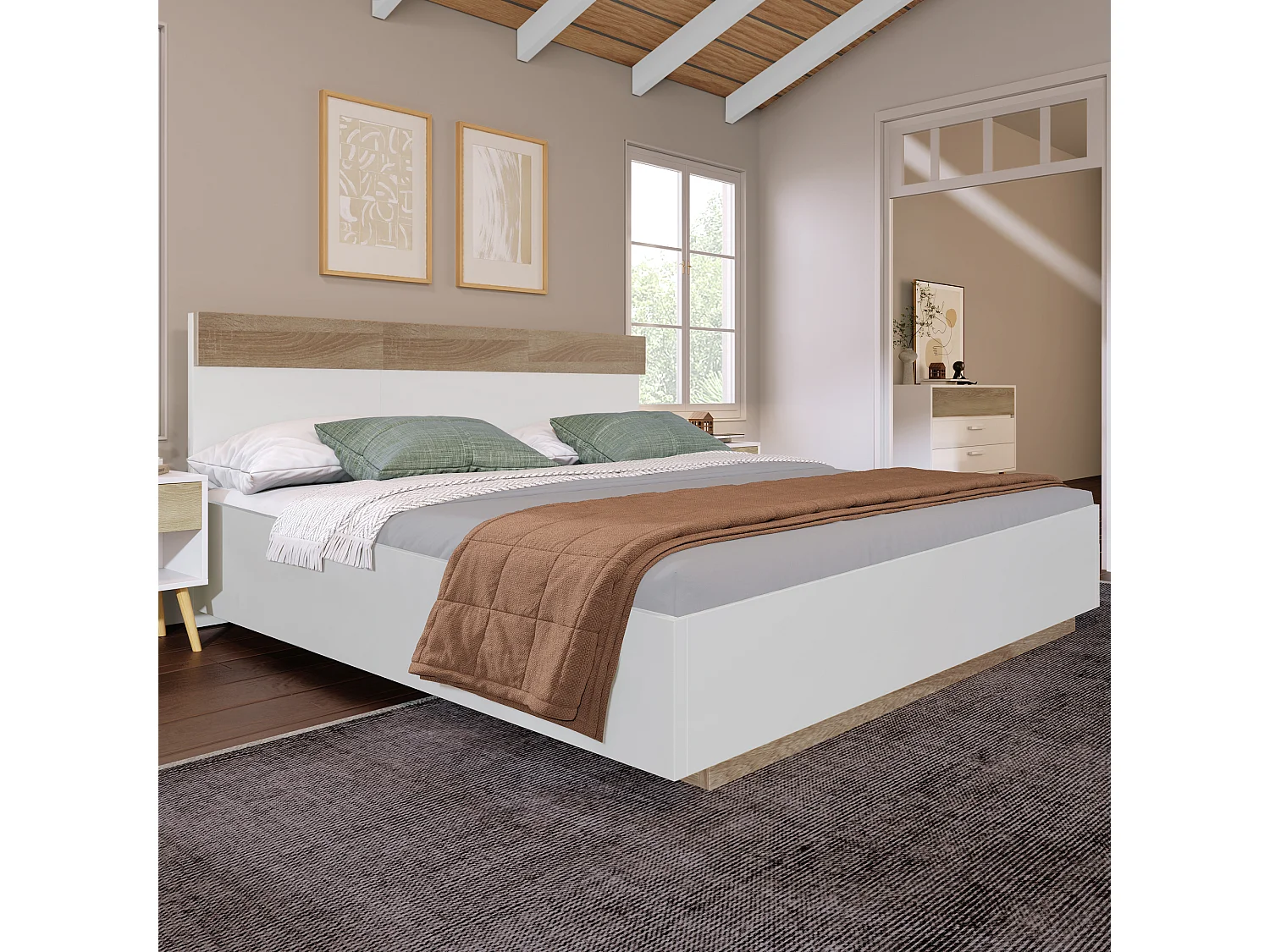 Lit double 184×205cm avec tête de lit cadre - Bois - Blanc - (sans matelas)