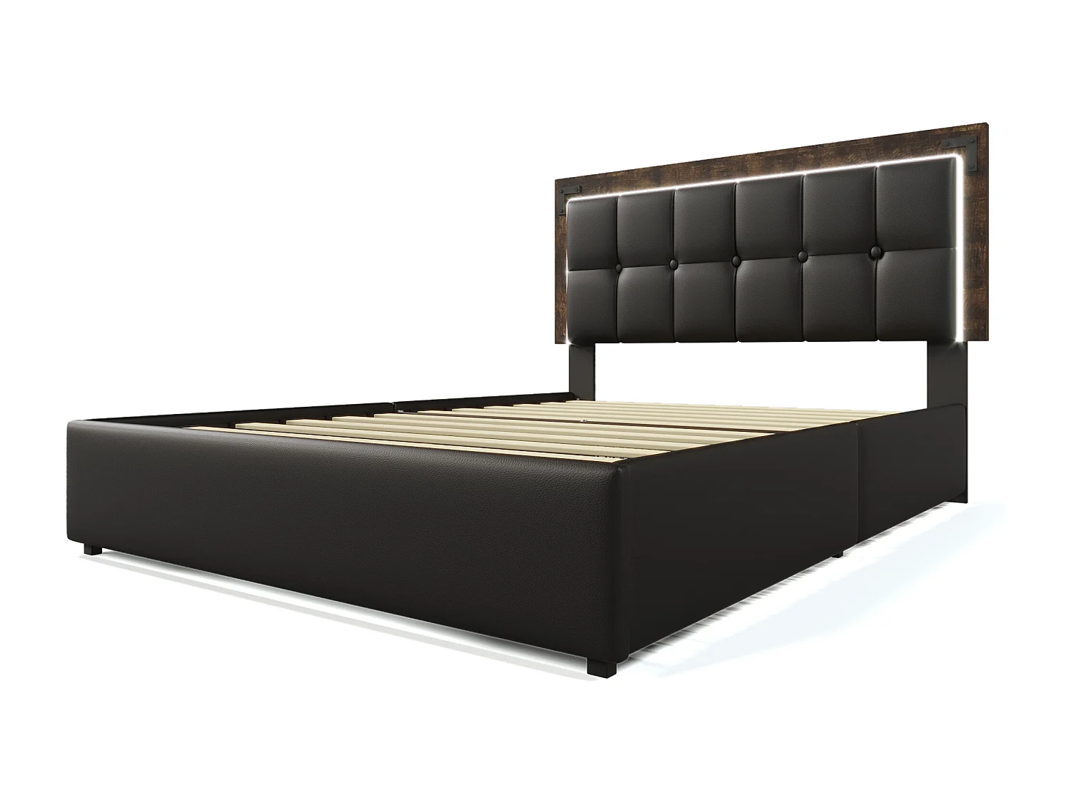 Tweepersoonsbed 207x147,5x102 cm met ledverlichting, vier lades, verstelbaar hoofdeinde, zwarte matras voor volwassenen en tieners