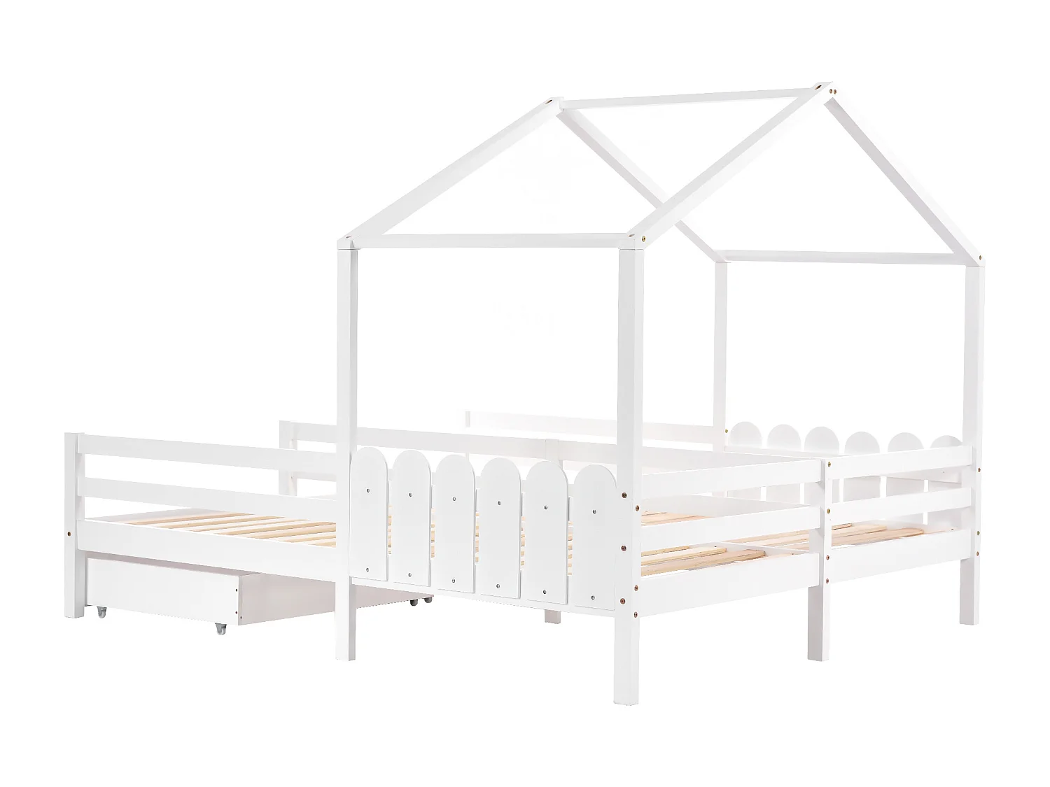 Lit double 208x188.5x158 cm avec deux tiroirs et roulettes Structure en pin en blanc pour adultes et adolescents