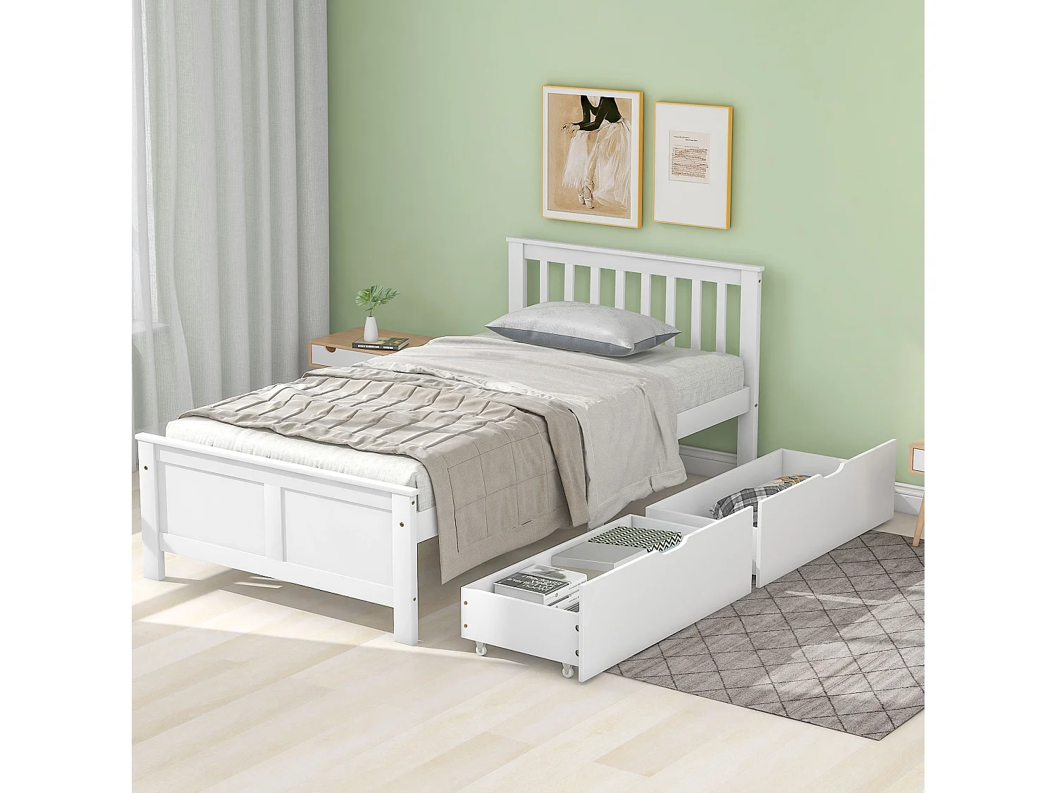 Lit enfant 207x97x84 cm avec deux tiroirs cadre en pin Matériaux MDF en blanc pour enfants et adolescents