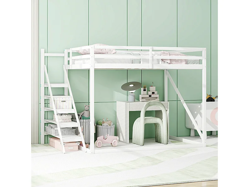 Lit superposé 250x145x170 cm avec Échelle et barrière de sécurité en blanc pour Adulte et adolescent