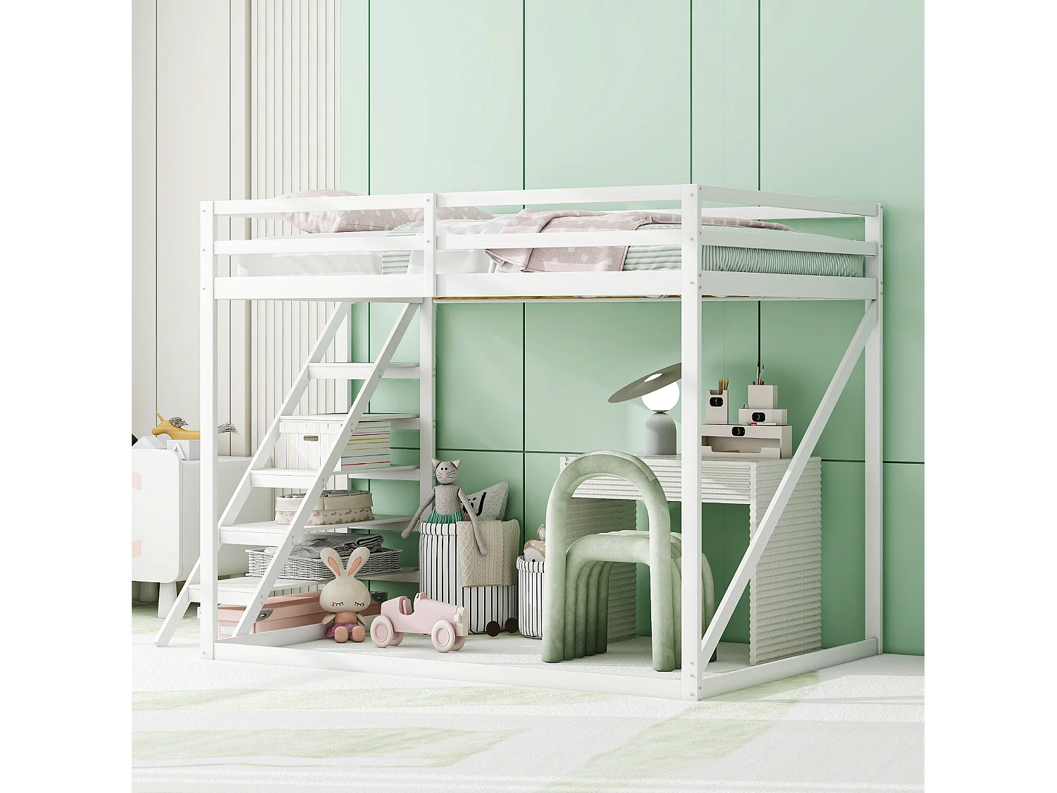 Lit superposé 250x145x170 cm avec Échelle et barrière de sécurité en blanc pour Adulte et adolescent