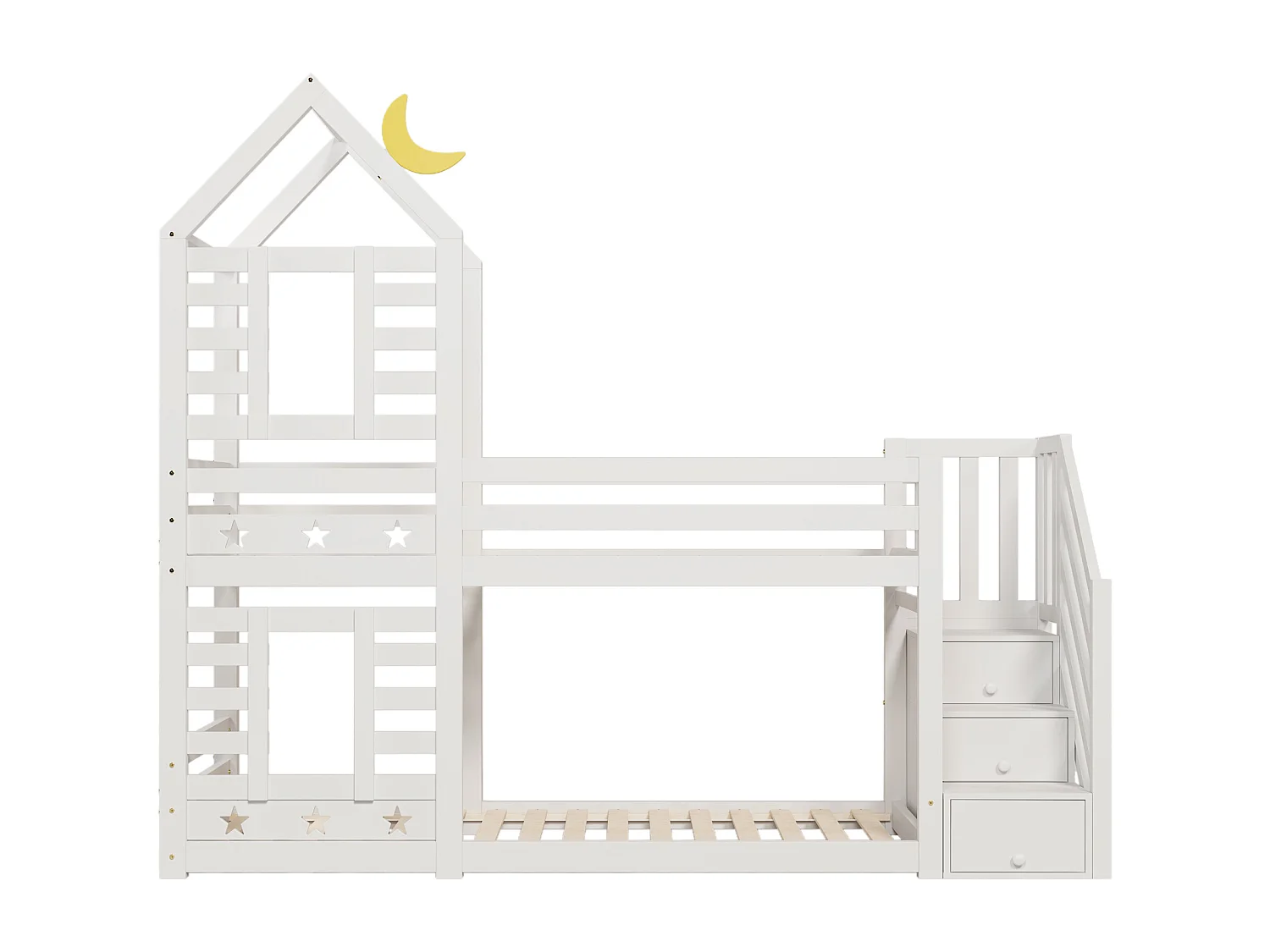 Lit superposé 257x96x217 cm avec des casiers et des tiroirs en beige pour enfants et adolescents