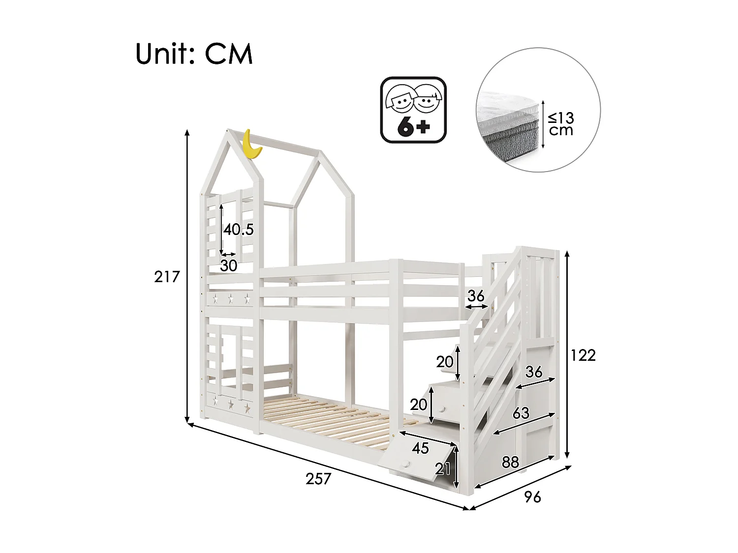 Lit superposé 257x96x217 cm avec des casiers et des tiroirs en beige pour enfants et adolescents