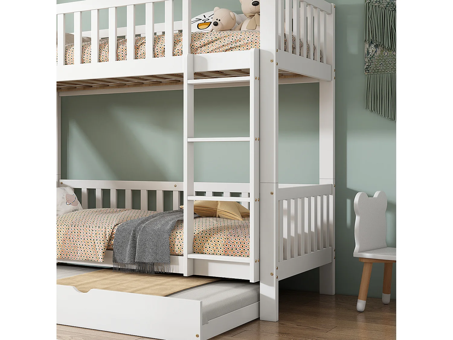 Stapelbed 250x172x170,5 cm met glijbaan, planken en leuning. Gemaakt van wit MDF. Voor kinderen en tieners.