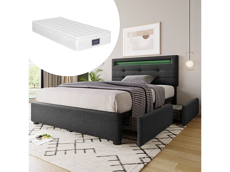 Lit enfant 100.5×208cm avec LED 2 tiroirs tête de lit réglable - Gris - (Avec matelas)