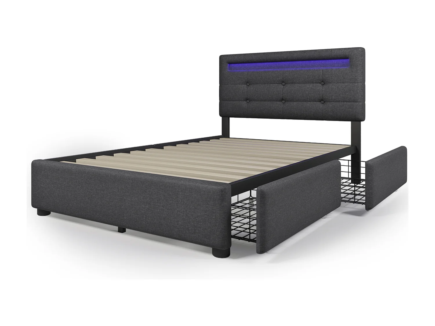 Lit enfant 100.5×208cm avec LED 2 tiroirs tête de lit réglable - Gris - (Avec matelas)