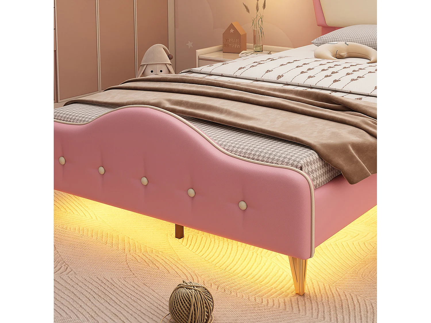 Lit enfant 206.5x101x112.5 cm avec LED Coins de protection souples Design en forme de couronne en blanc et rose pour enfants et adolescents