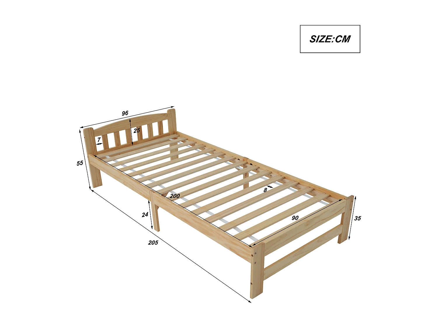 Lit enfant 205x96x55 cm avec tête de lit et sommier à lattes Couleur naturelle pour enfants et adolescents