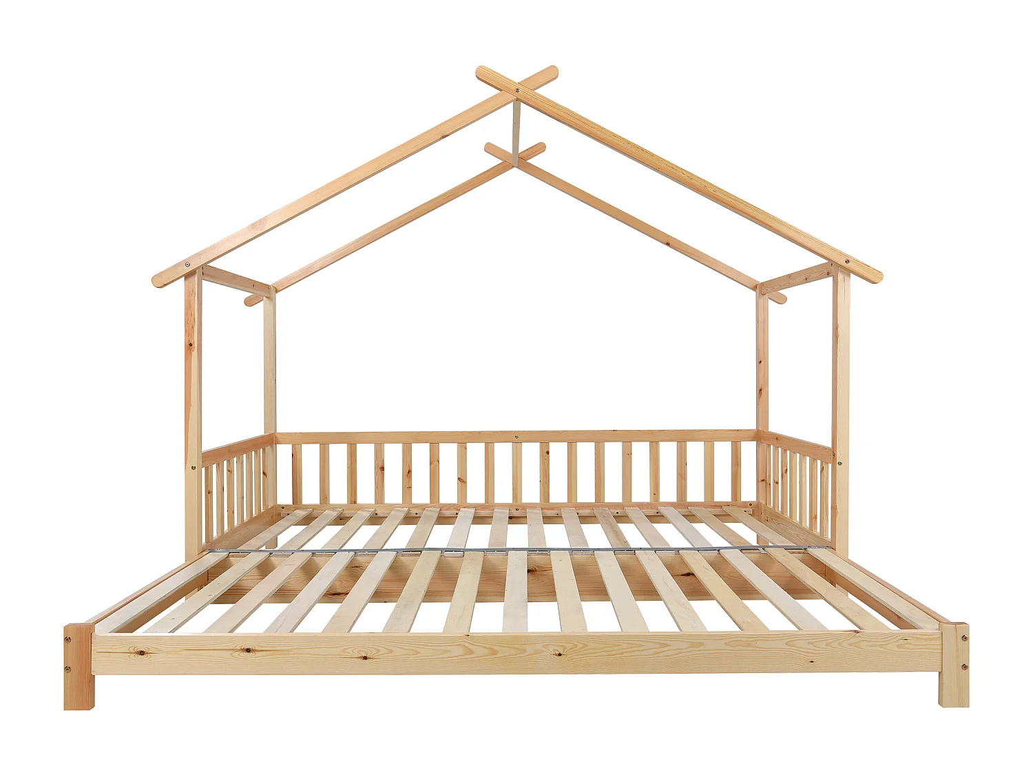 Lit enfant 208x182x170 cm avec sommier à lattes extensibles et barrières de sécurité Couleur naturelle pour enfants et adolescents