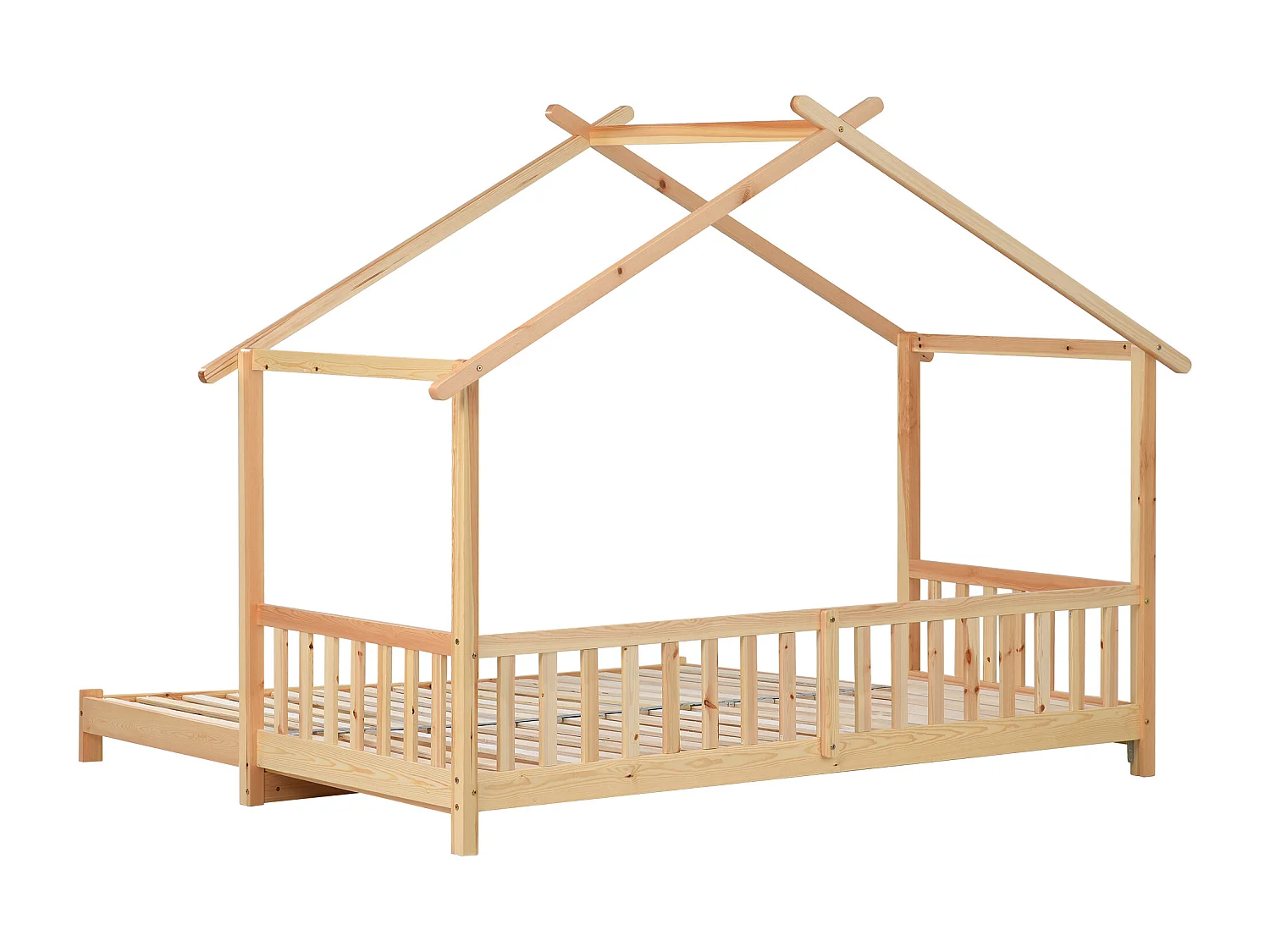 Lit enfant 208x182x170 cm avec sommier à lattes extensibles et barrières de sécurité Couleur naturelle pour enfants et adolescents