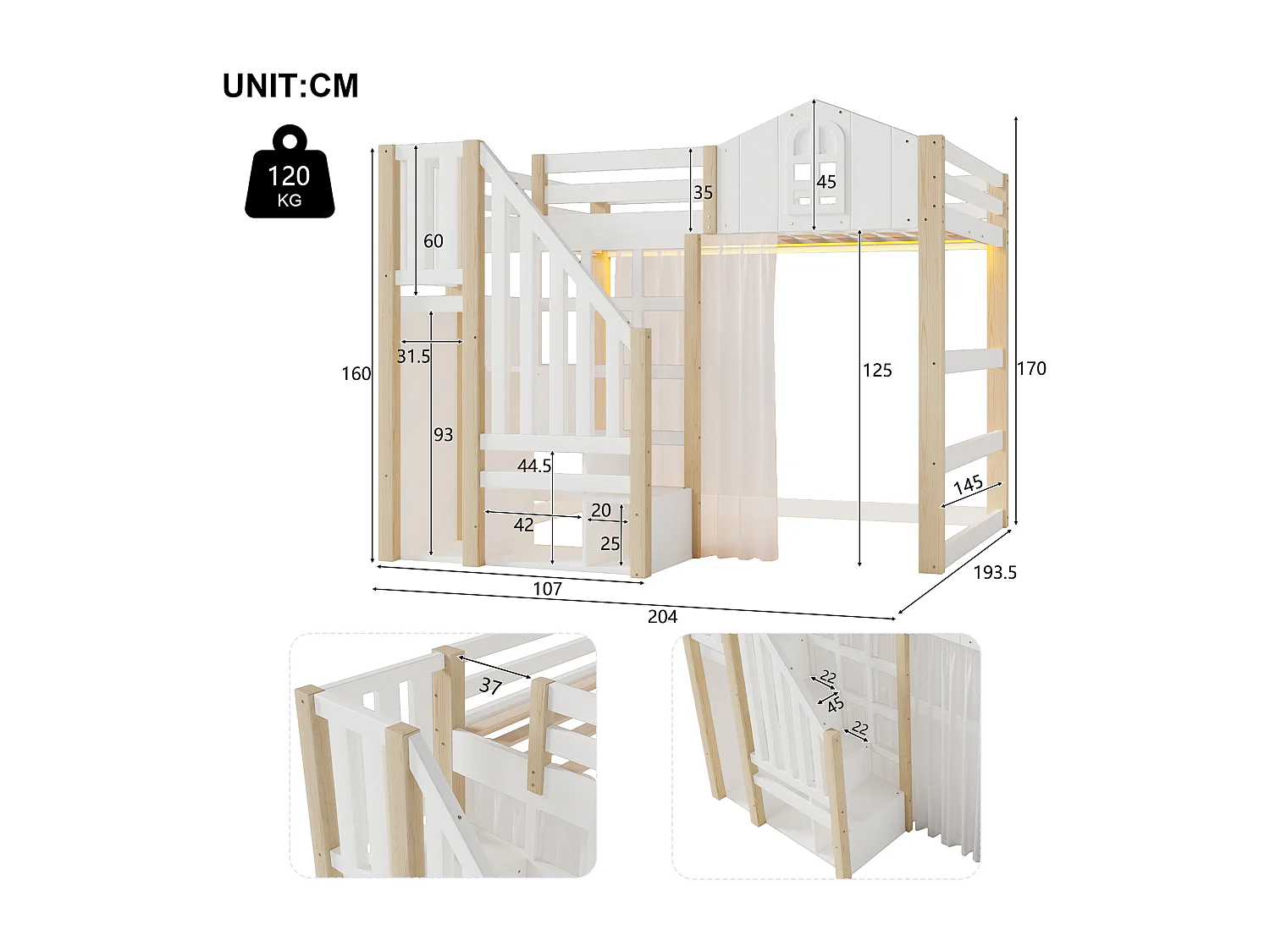 Stapelbed 204x193,5x160 cm met ledverlichting, opbergtrap en leuning. Naturel. Voor kinderen en tieners.