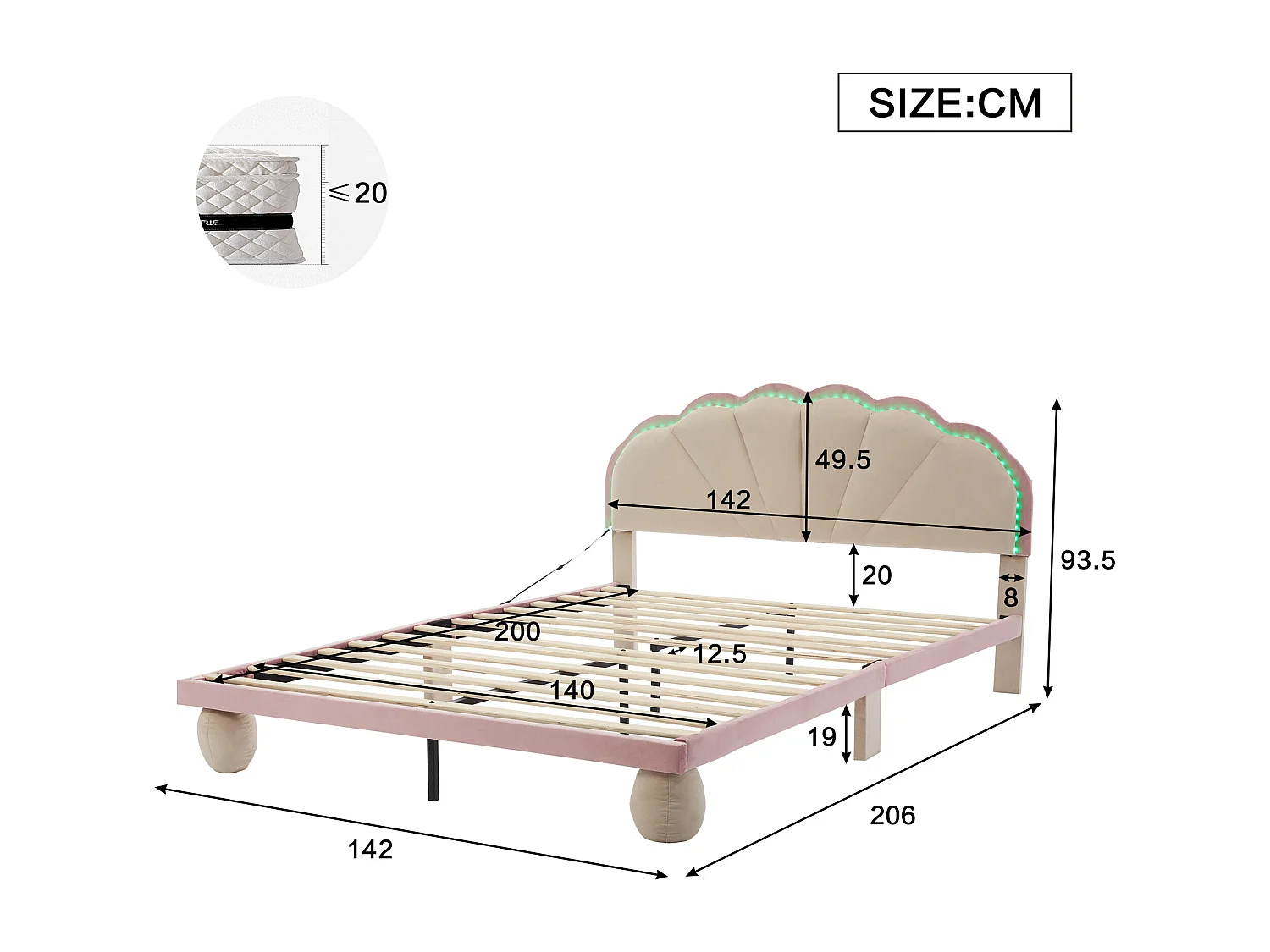 Lit double 206x142x93.5 cm avec LED pieds rembourrés et sommier à lattes Revêtement velours en beige pour enfants et adolescents