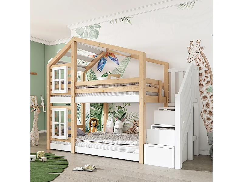 Lit superposé 96×257cm avec cadre sommier à lattes protection anti-chute escalier espace de rangement - MDF - Blanc - (sans matelas)