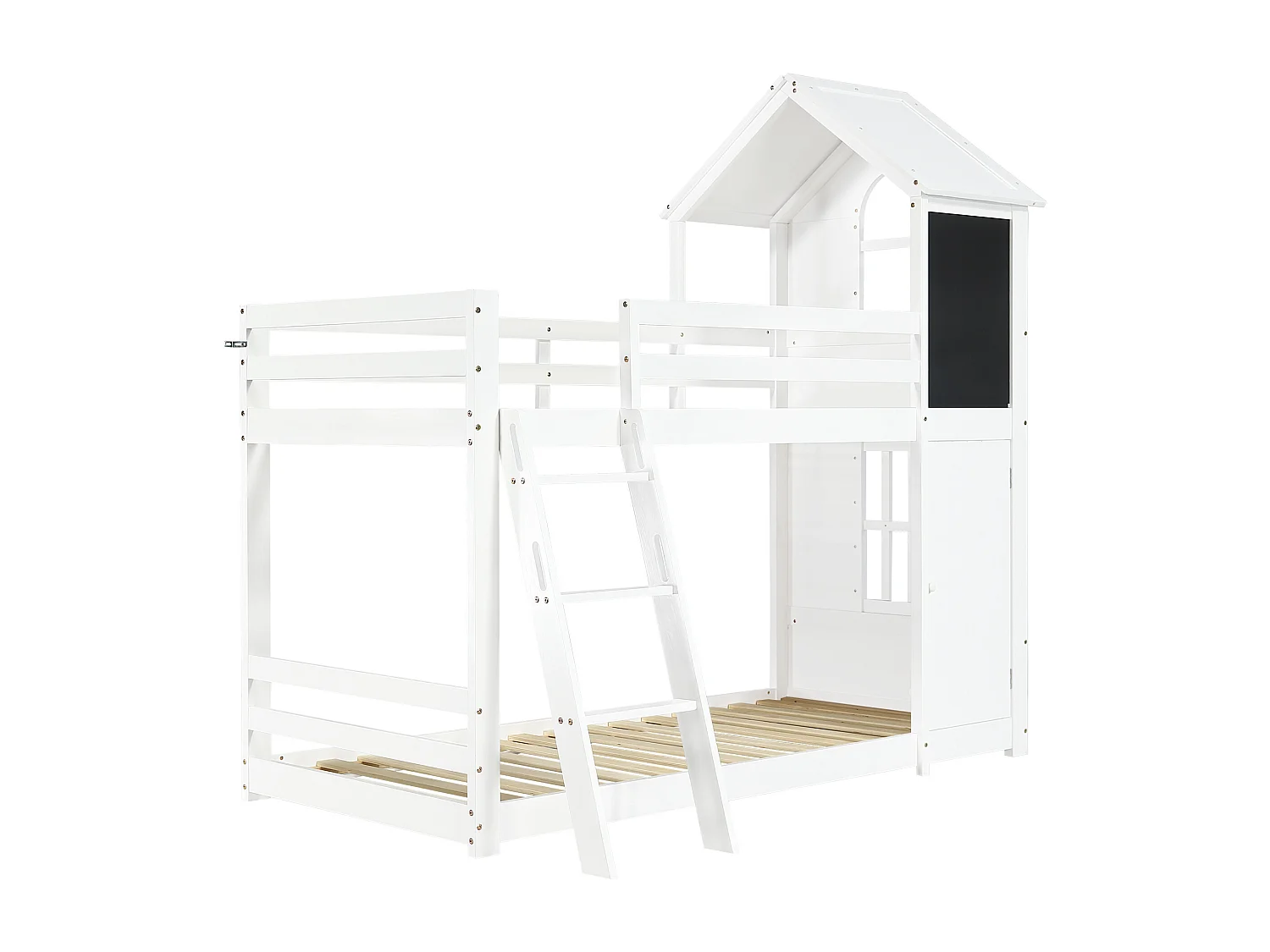 Stapelbed 205x130x196,5 cm met ladder, deurtje en krijtbord. Gemaakt van witte spaanplaat. Voor kinderen en tieners.