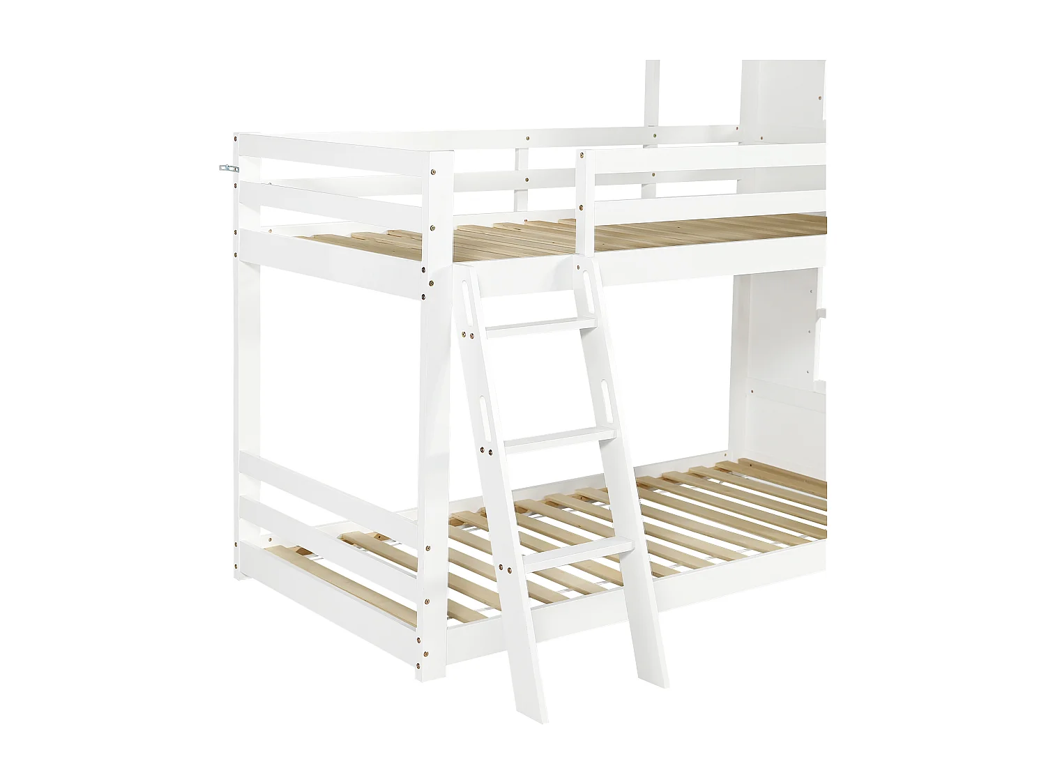 Stapelbed 205x130x196,5 cm met ladder, deurtje en krijtbord. Gemaakt van witte spaanplaat. Voor kinderen en tieners.