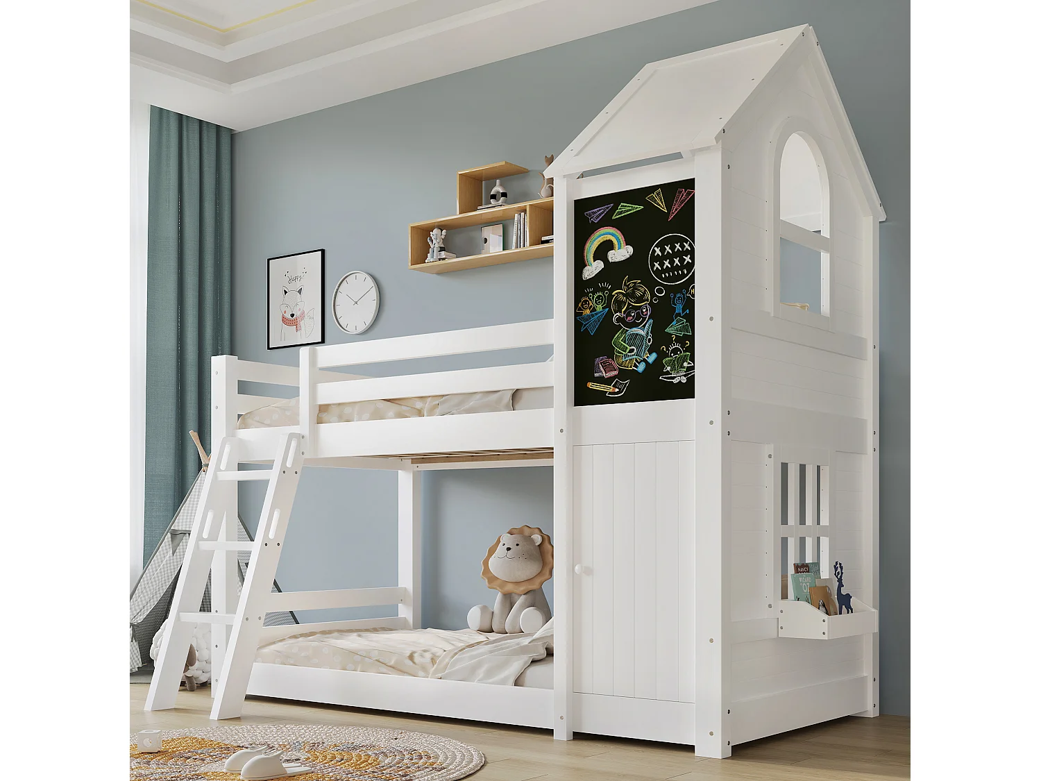 Stapelbed 205x130x196,5 cm met ladder, deurtje en krijtbord. Gemaakt van witte spaanplaat. Voor kinderen en tieners.