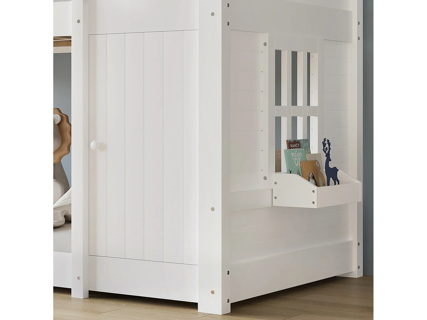 Lit superposé 205x130x196.5 cm avec Échelle etpetite porte et tableau noir Panneaux de particules en blanc pour enfants et adolescents