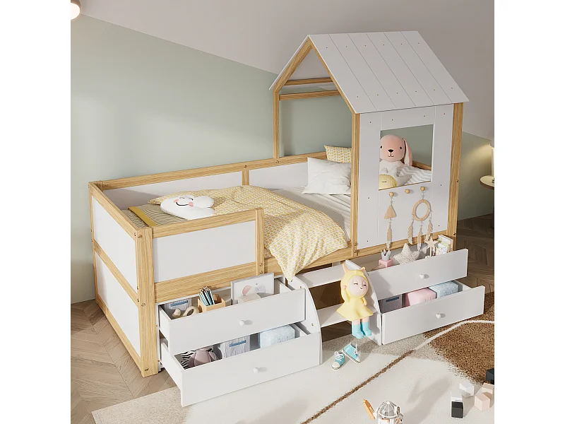 Lit enfant 204x96.5x159 cm avec quatre tiroirs et un petit escalier et une rambarde Style chalet en blanc pour enfants et adolescents
