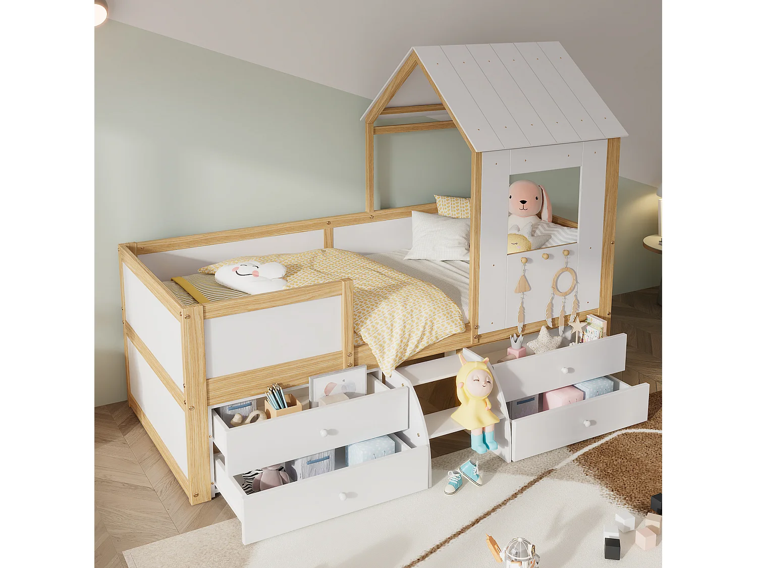 Lit enfant 204x96.5x159 cm avec quatre tiroirs et un petit escalier et une rambarde Style chalet en blanc pour enfants et adolescents