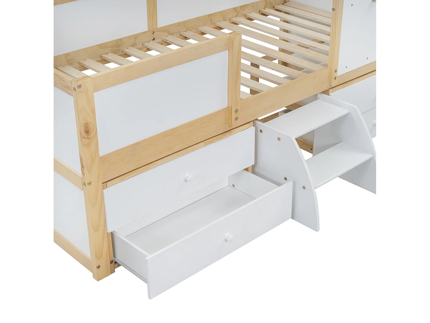 Lit enfant 204x96.5x159 cm avec quatre tiroirs et un petit escalier et une rambarde Style chalet en blanc pour enfants et adolescents